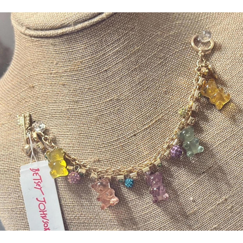 Betsey Johnson Jewelry Gold Charm Bracelet Crystal Pave Multicolor Gummy‎ Bear